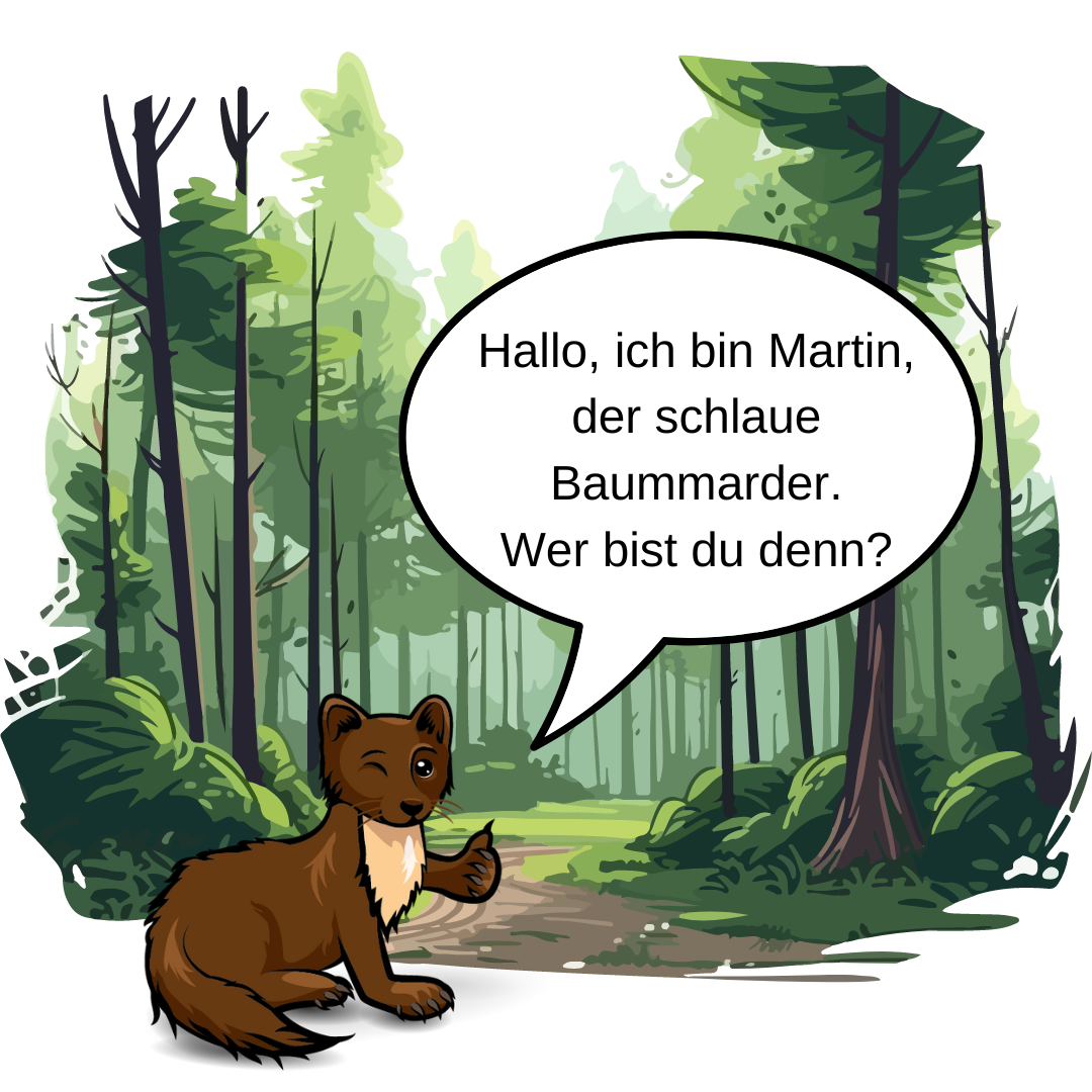 Illustration von Martin dem Baummarder vor Wald