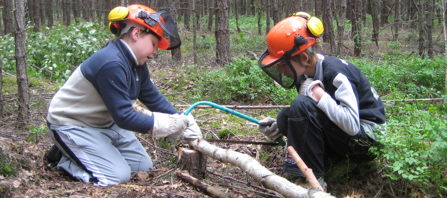 Zwei Kinder mit Schutzhelmen sägen sitzend auf dem Waldboden mit einer Handsäge an einem Ast.