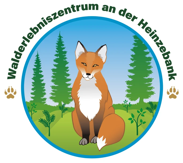 Comiczeichnung eines Fuchses im Wald eingekreist vom Schriftzug Walderlebniszentrum Heinzebank